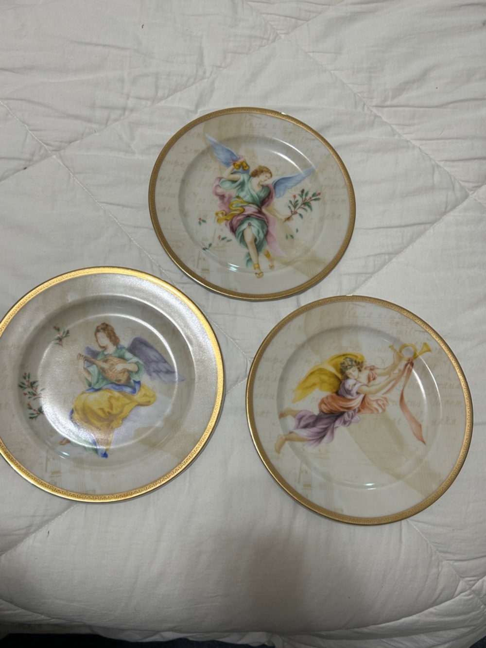 Charter Club 3 Porcelain Plates with Angel Motifs and Gold Trim - Pastel Hues